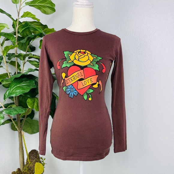 Ed Hardy Tops - ED HARDY ETERNAL LOVE ROSE HEART BROWN LONG SLEEVE Y2K TOP